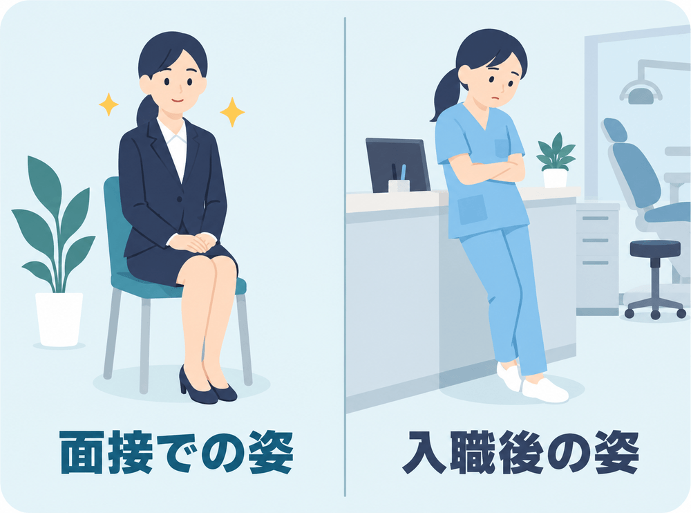 面接では見抜けなかった一面が、入職後に現れることを表したイラスト