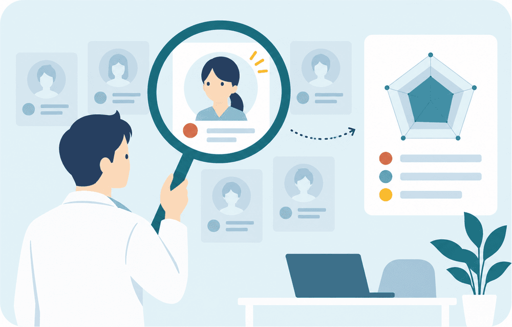 候補者の結果を見比べて医院に合う人を見極めるイラスト
