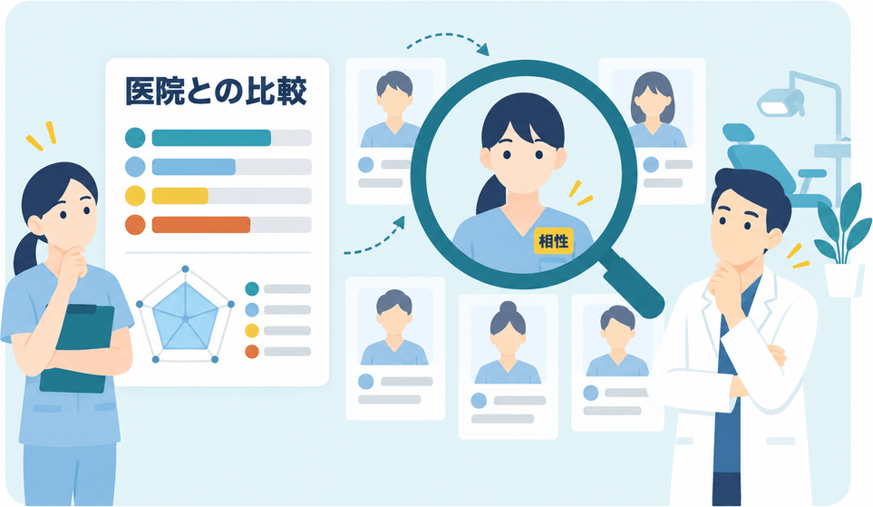 候補者を医院との相性で見比べているイラスト
