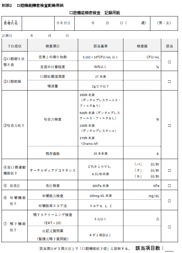 口腔機能精密検査記録用紙